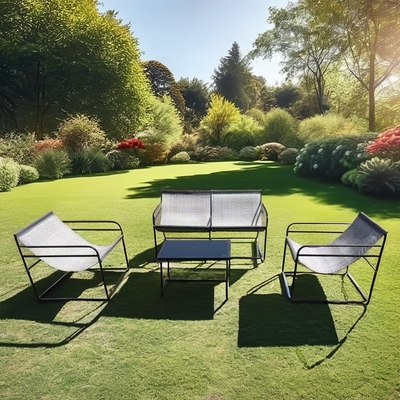 Außengartenmöbel Sofa Set mit Stoff Doppelsitzstuhl Einzelsitzstuhl Couchtisch