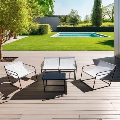 Außengartenmöbel Sofa Set mit Stoff Doppelsitzstuhl Einzelsitzstuhl Couchtisch