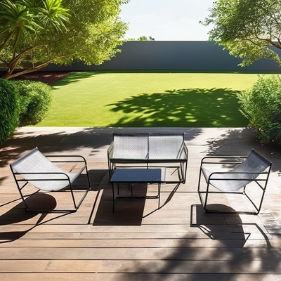 Außengartenmöbel Sofa Set mit Stoff Doppelsitzstuhl Einzelsitzstuhl Couchtisch