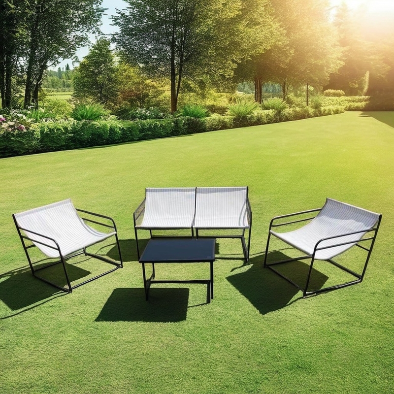 Außengartenmöbel Sofa Set mit Stoff Doppelsitzstuhl Einzelsitzstuhl Couchtisch